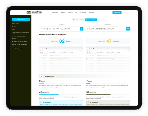 Compare Subject Lines Interface